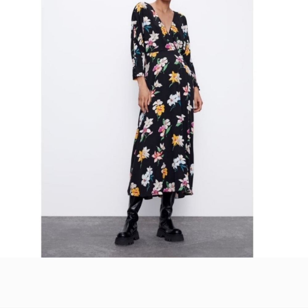ZARA black Dress floral midi long deep plunge V long sleeve XS